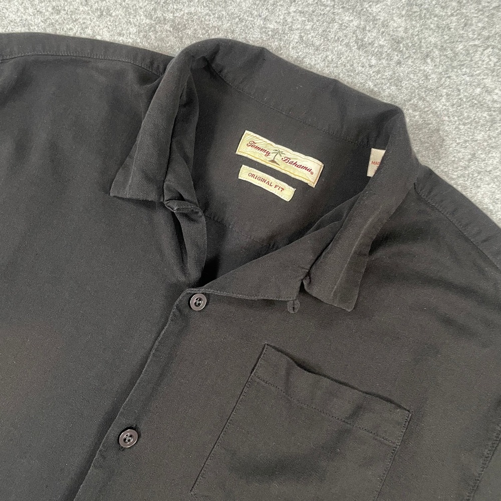 Tommy Bahama Mens Button Up Shirt Large Silk Blend Herringbone Black